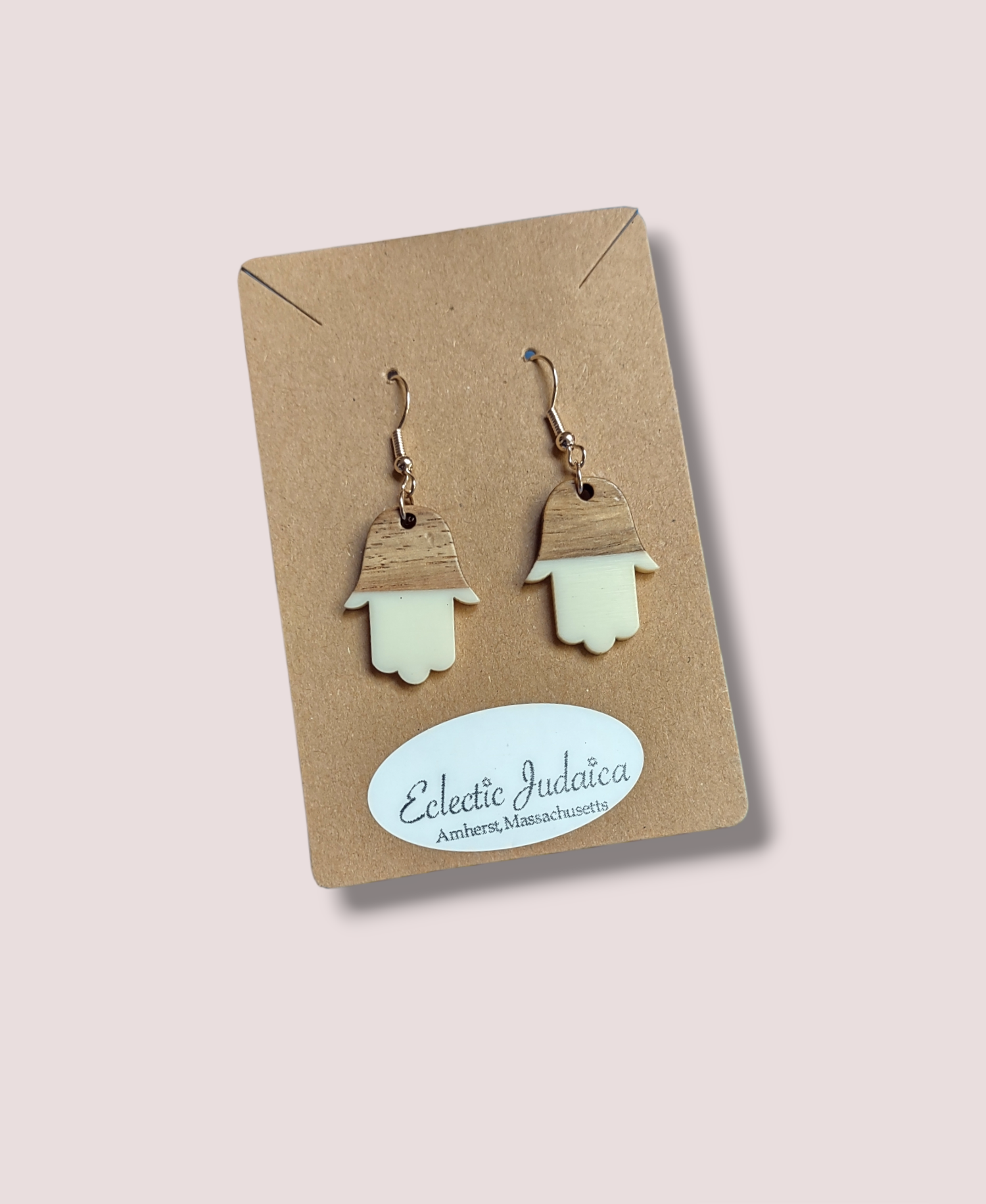 Wood and Resin Hamsa Earrings — gold-flecked clear resin hamsa pair | Judaica Square Lakewood (view 2)