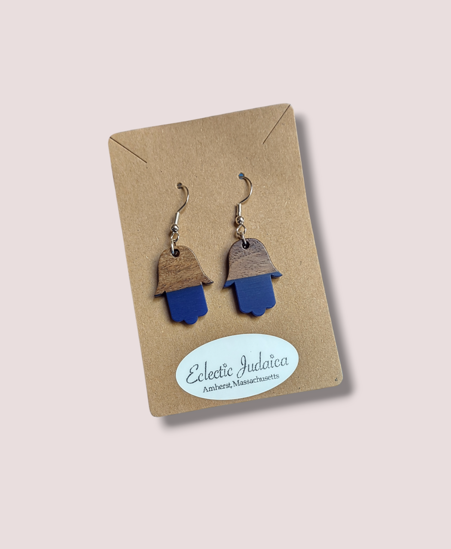 Wood and Resin Hamsa Earrings — gold-flecked clear resin hamsa pair | Judaica Square Lakewood (view 3)