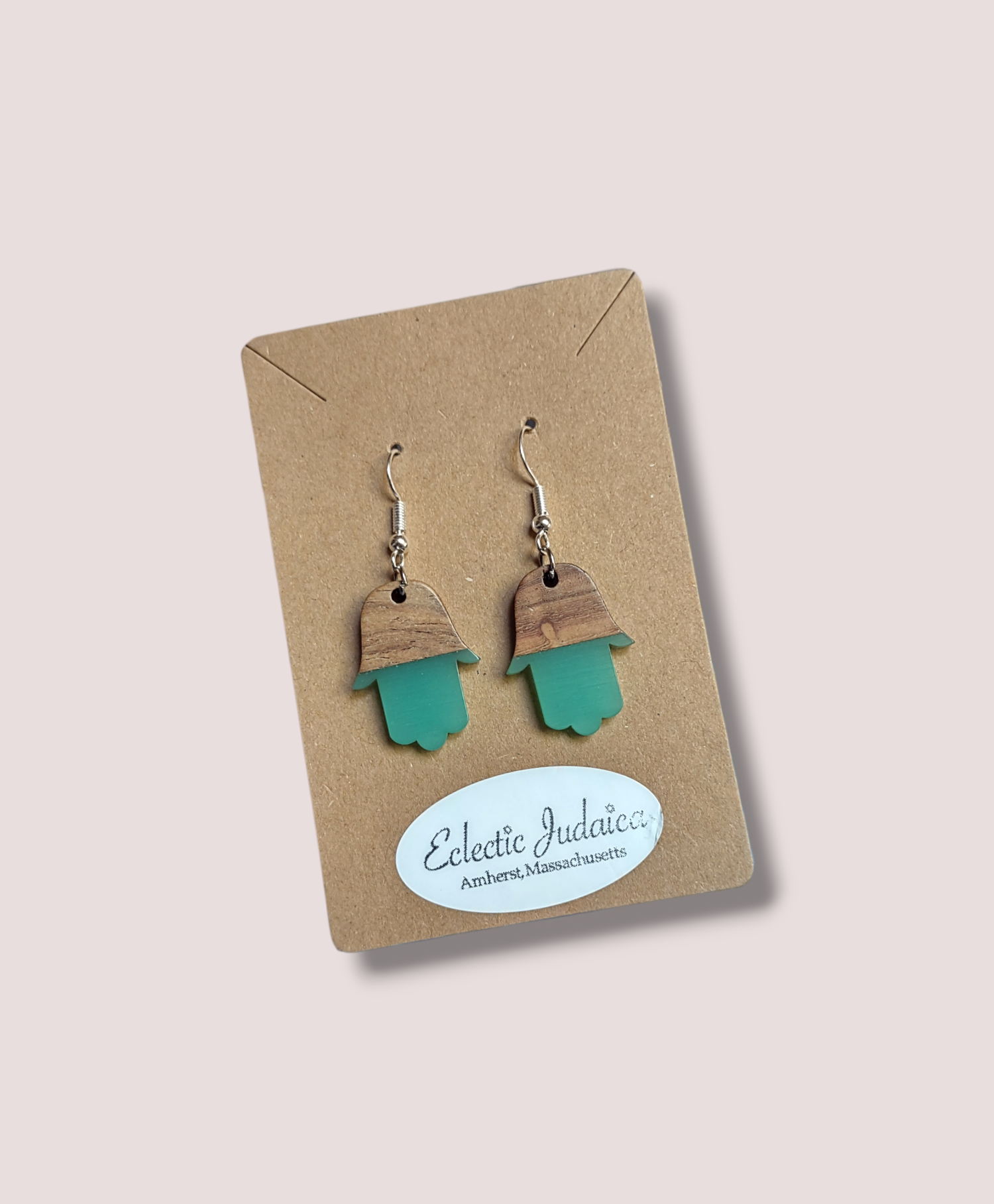 Wood and Resin Hamsa Earrings — gold-flecked clear resin hamsa pair | Judaica Square Lakewood (view 4)