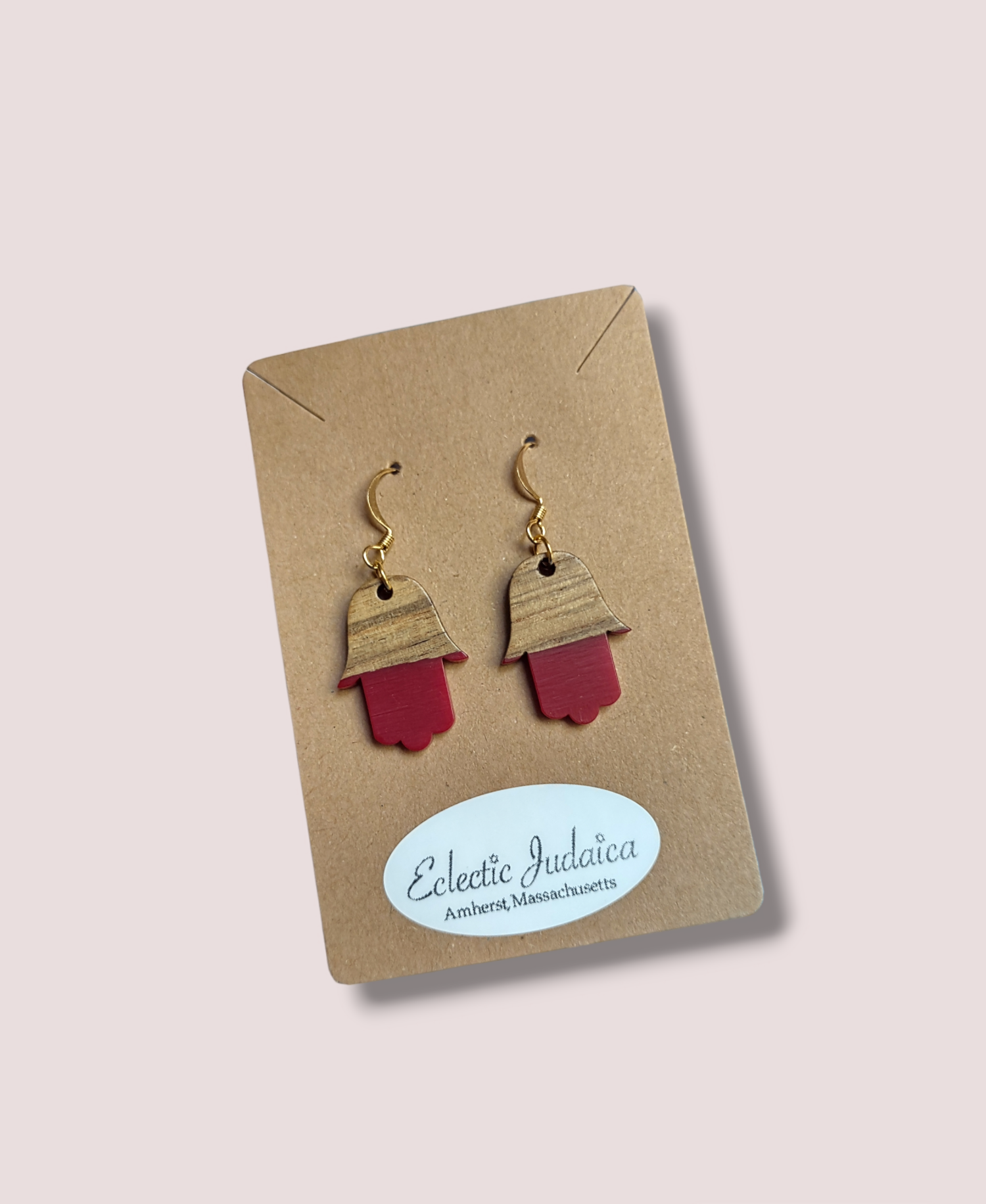 Wood and Resin Hamsa Earrings — gold-flecked clear resin hamsa pair | Judaica Square Lakewood (view 5)