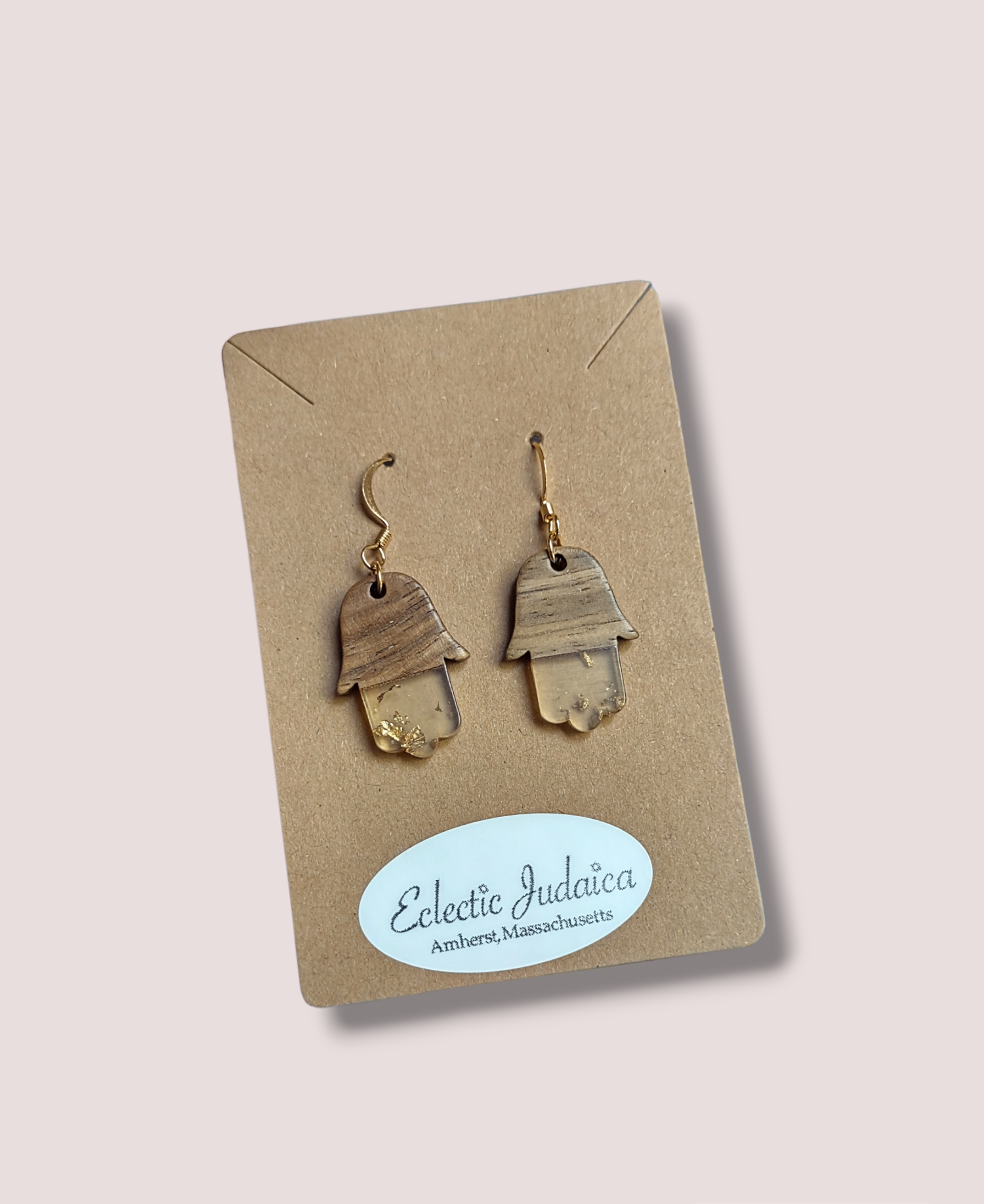 Wood and Resin Hamsa Earrings — gold-flecked clear resin hamsa pair | Judaica Square Lakewood (view 6)