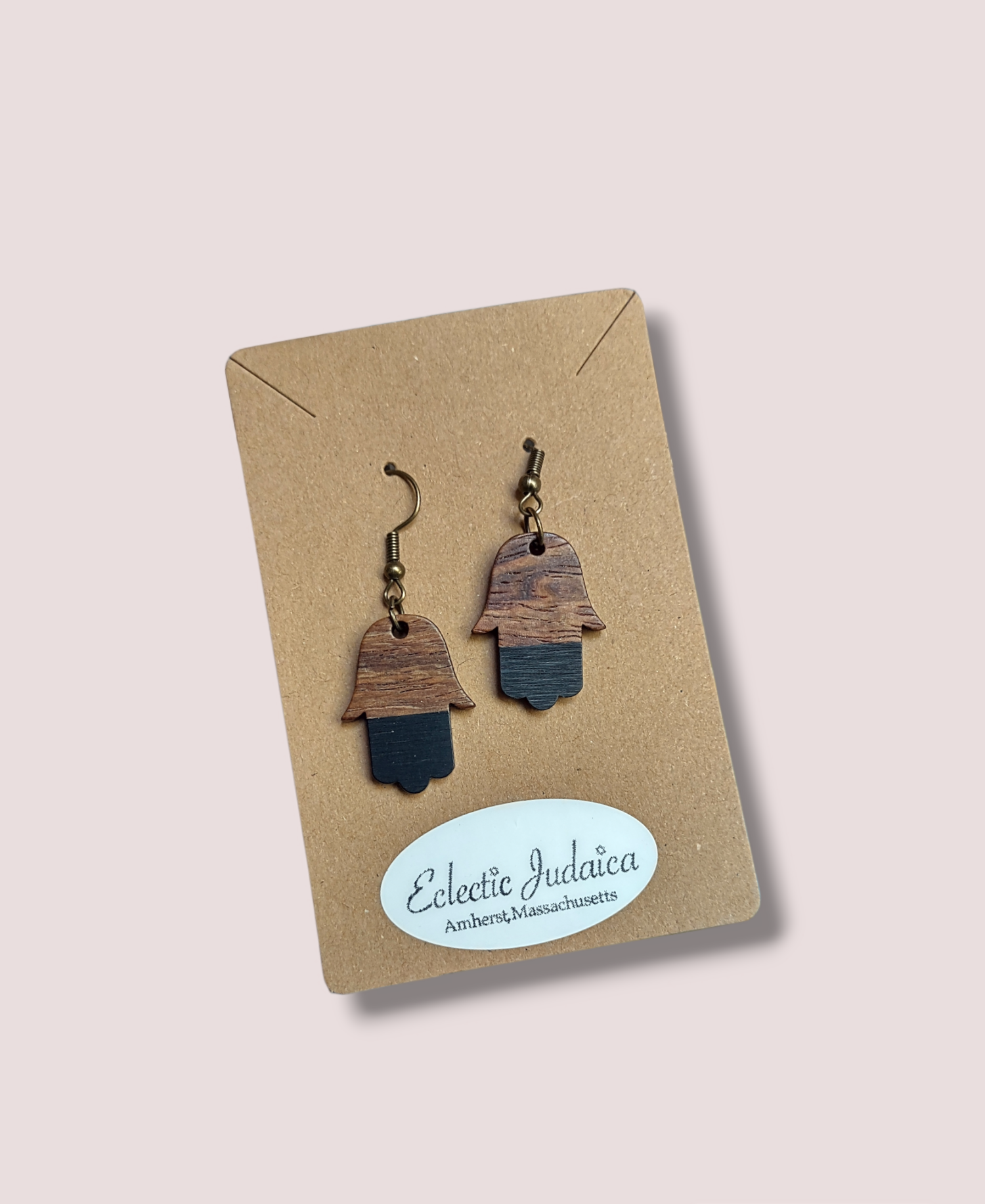 Wood and Resin Hamsa Earrings — gold-flecked clear resin hamsa pair | Judaica Square Lakewood (view 7)