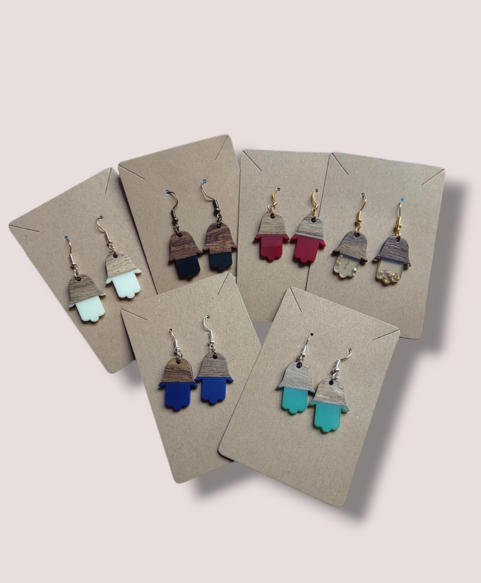 Wood and Resin Hamsa Earrings — gold-flecked clear resin hamsa pair | Judaica Square Lakewood