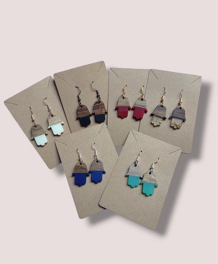 Wood and Resin Hamsa Earrings — gold-flecked clear resin hamsa pair | Judaica Square Lakewood