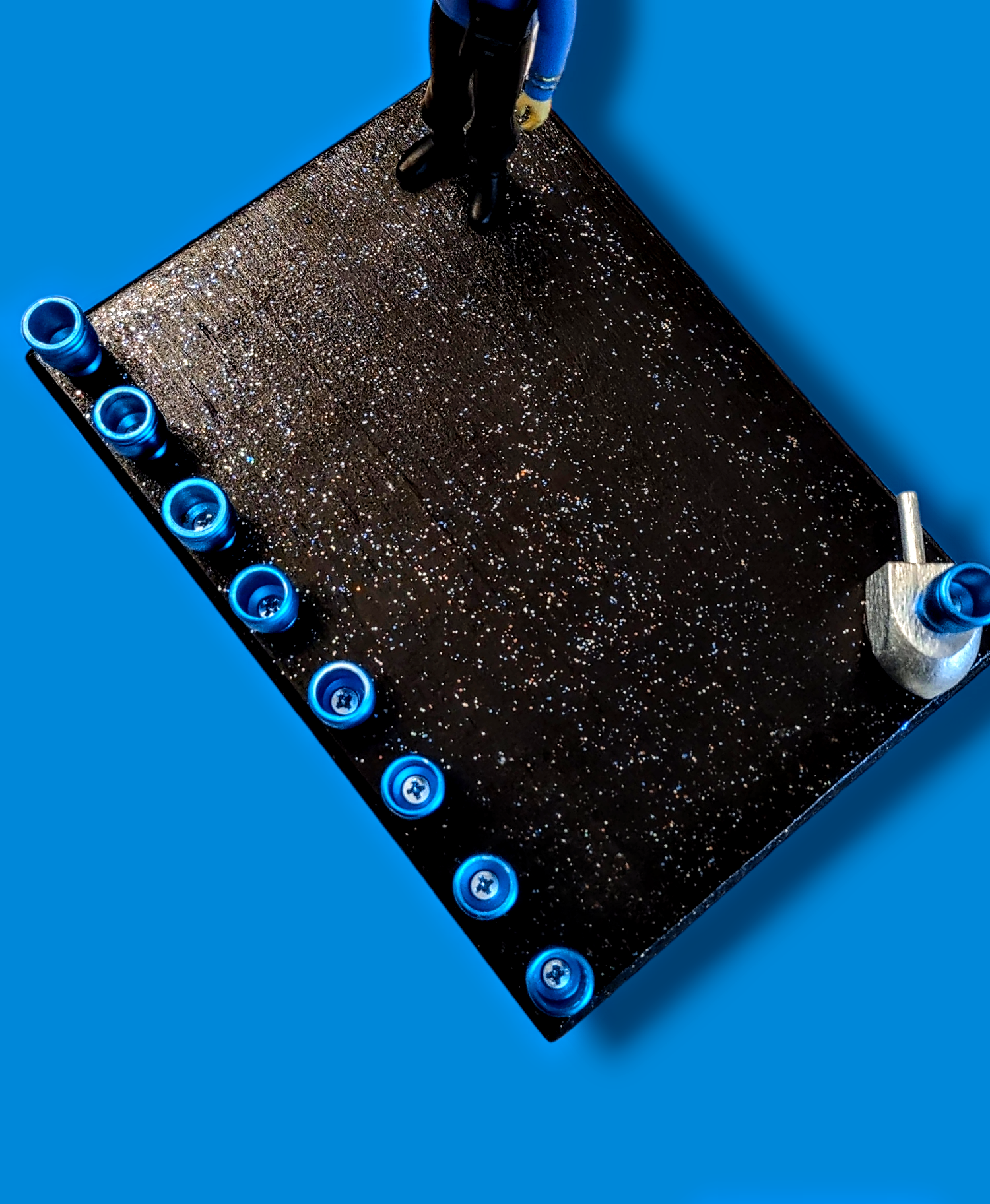 Spock Menorah — Star Trek figure on glitter-sealed plaque with blue cups | Judaica Square Lakewood (view 5)