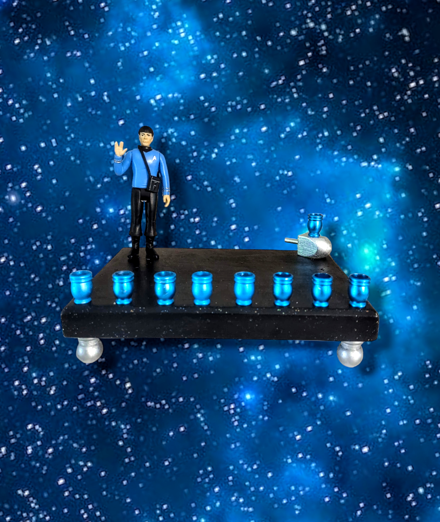 Spock Menorah — Star Trek figure on glitter-sealed plaque with blue cups | Judaica Square Lakewood (view 3)
