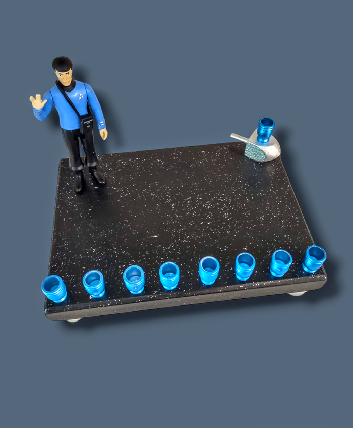 Spock Menorah — Star Trek figure on glitter-sealed plaque with blue cups | Judaica Square Lakewood