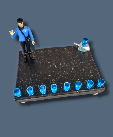 Spock Menorah — Star Trek figure on glitter-sealed plaque with blue cups | Judaica Square Lakewood