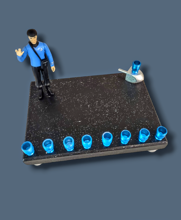Spock Menorah — Star Trek figure on glitter-sealed plaque with blue cups | Judaica Square Lakewood
