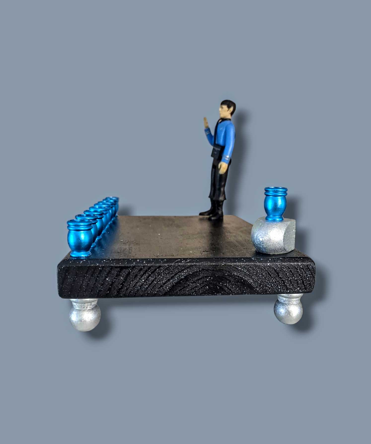 Spock Menorah — Star Trek figure on glitter-sealed plaque with blue cups | Judaica Square Lakewood (view 4)