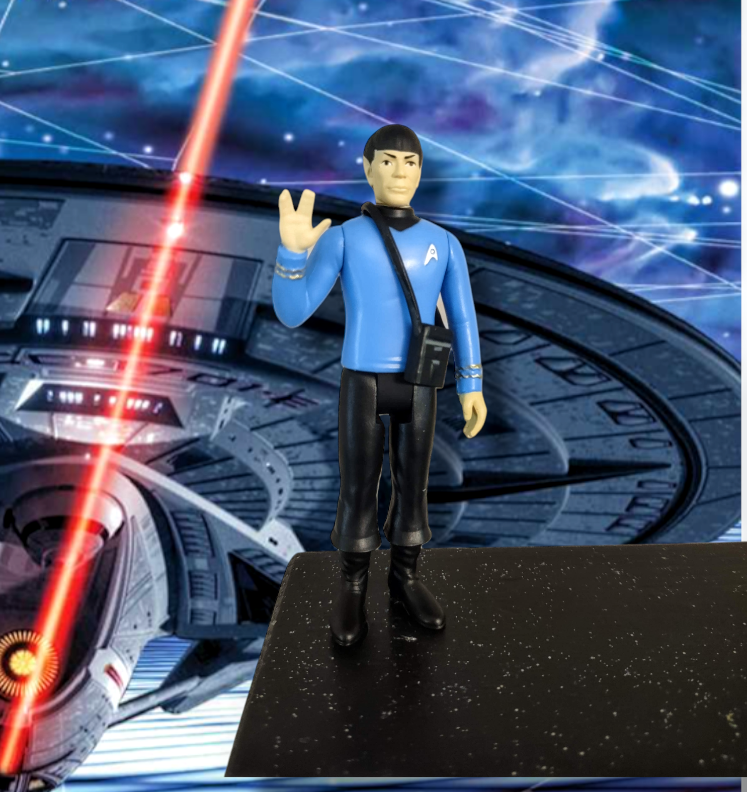 Spock Menorah — Star Trek figure on glitter-sealed plaque with blue cups | Judaica Square Lakewood (view 2)