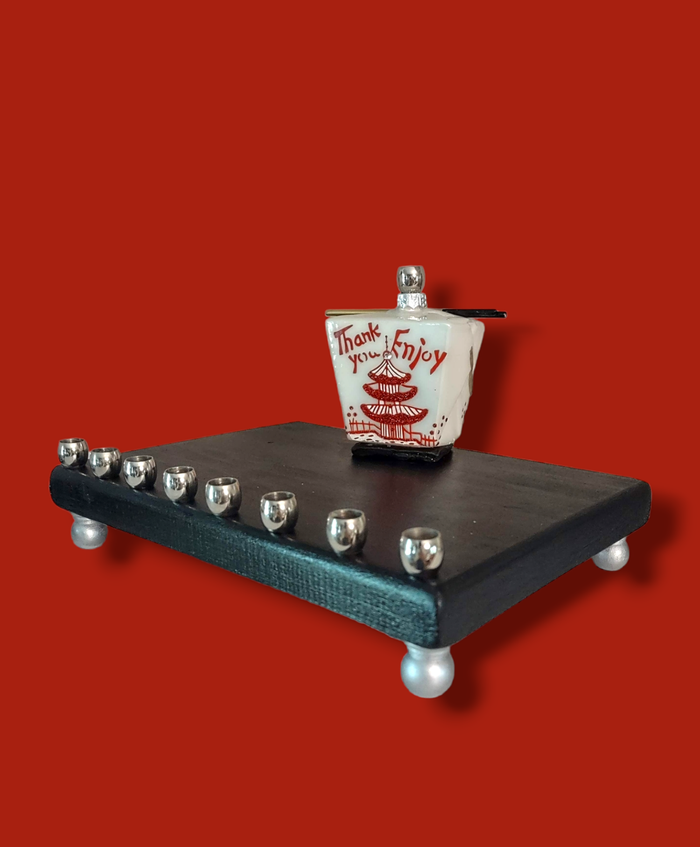 Chinese take-out menorah — glass take-out carton on painted wood with brass cups | Judaica Square Lakewood