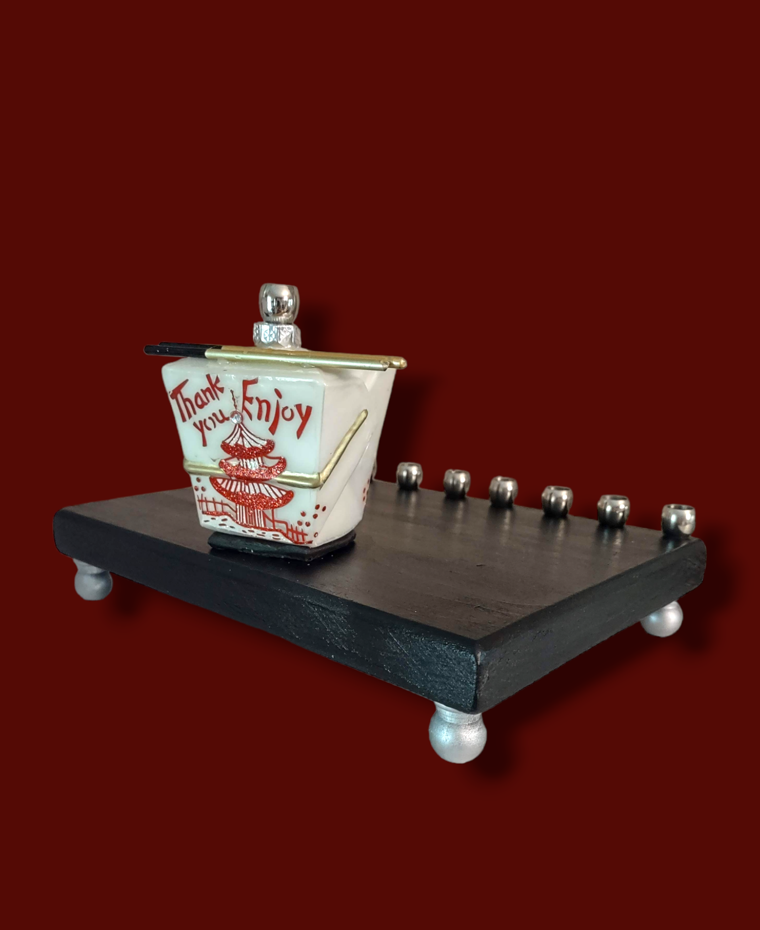 Chinese take-out menorah — glass take-out carton on painted wood with brass cups | Judaica Square Lakewood (view 4)