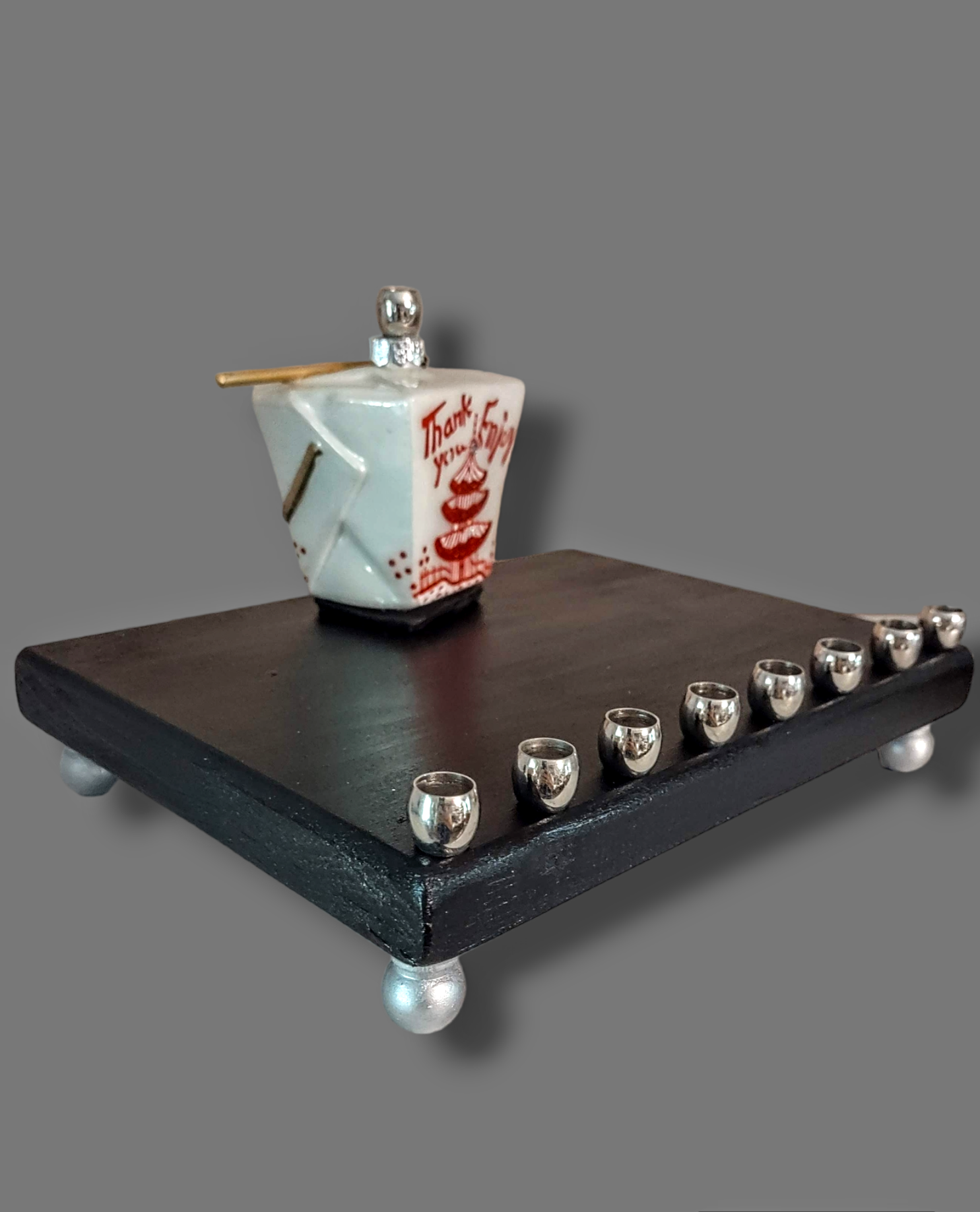 Chinese take-out menorah — glass take-out carton on painted wood with brass cups | Judaica Square Lakewood (view 5)