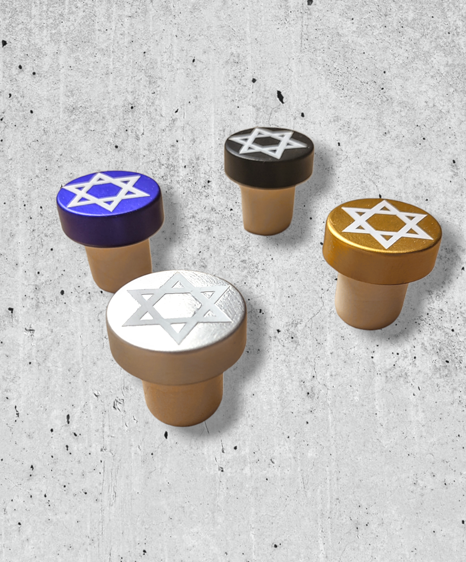 Metallic Jewish star wine stopper — wood and cork top with vinyl six-pointed star | Judaica Square Lakewood (view 3)