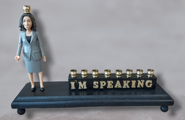 I'm Speaking Menorah — Kamala Harris figure with wood letters and brass cups | Judaica Square Lakewood