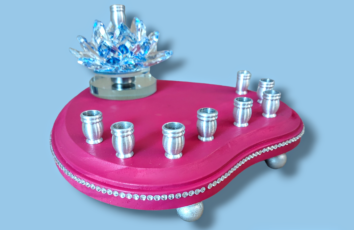 Crystal lily menorah — pink and silver lily spinning on a mirrored heart plaque | Judaica Square Lakewood (view 2)