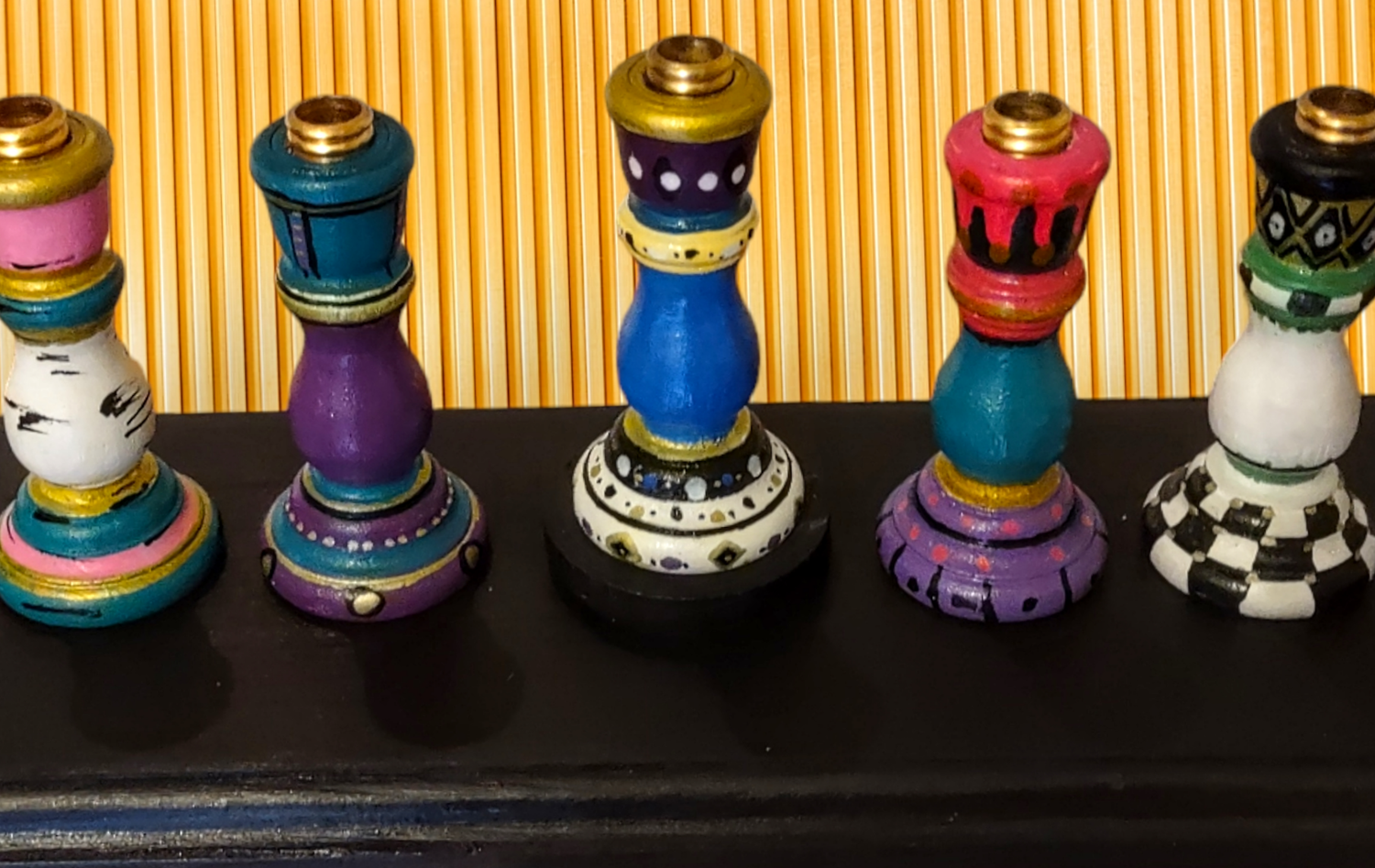 Colorful candlestick menorah — each tapered holder painted in a different pattern | Judaica Square Lakewood (view 5)