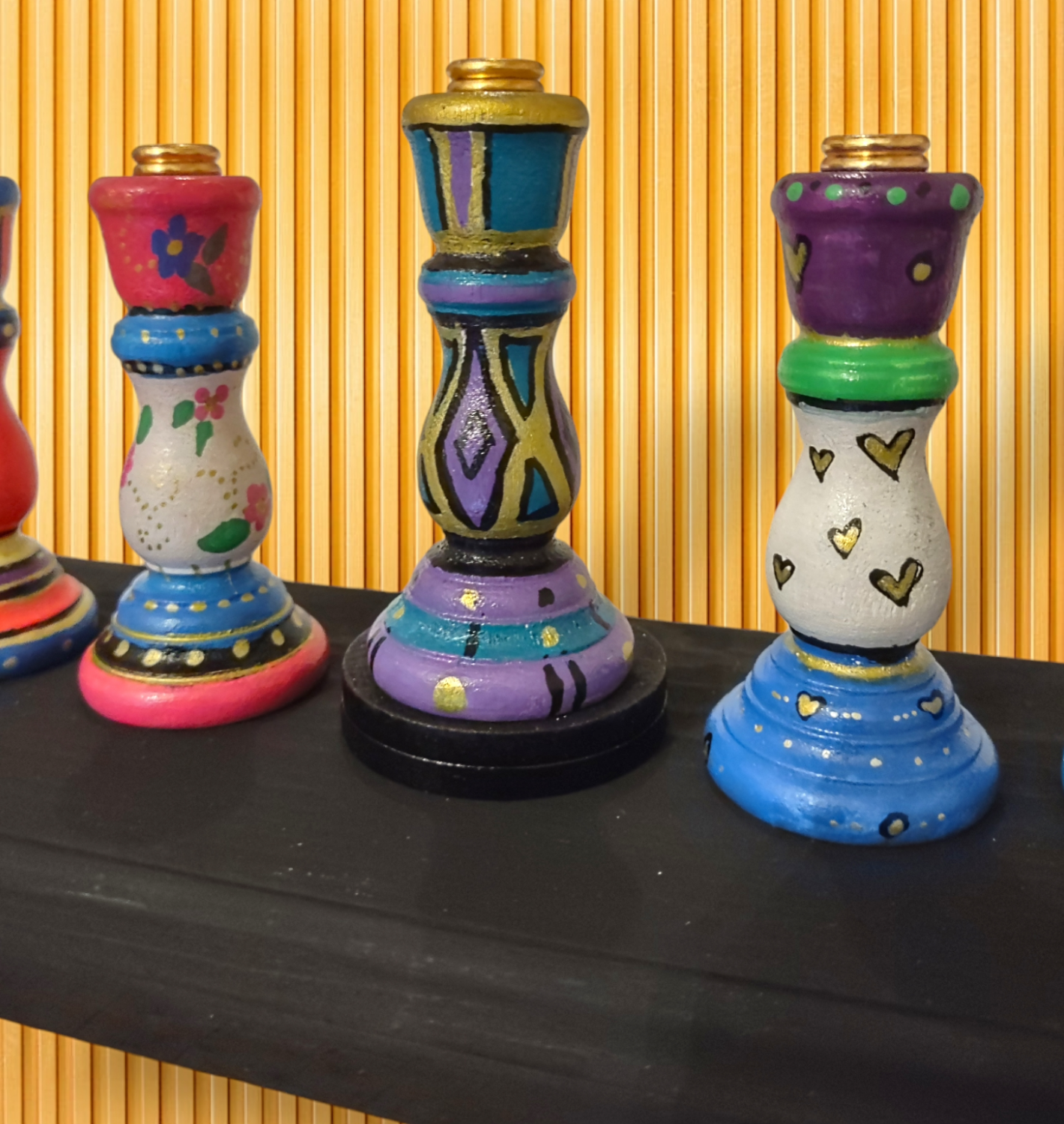 Colorful candlestick menorah — each tapered holder painted in a different pattern | Judaica Square Lakewood (view 6)