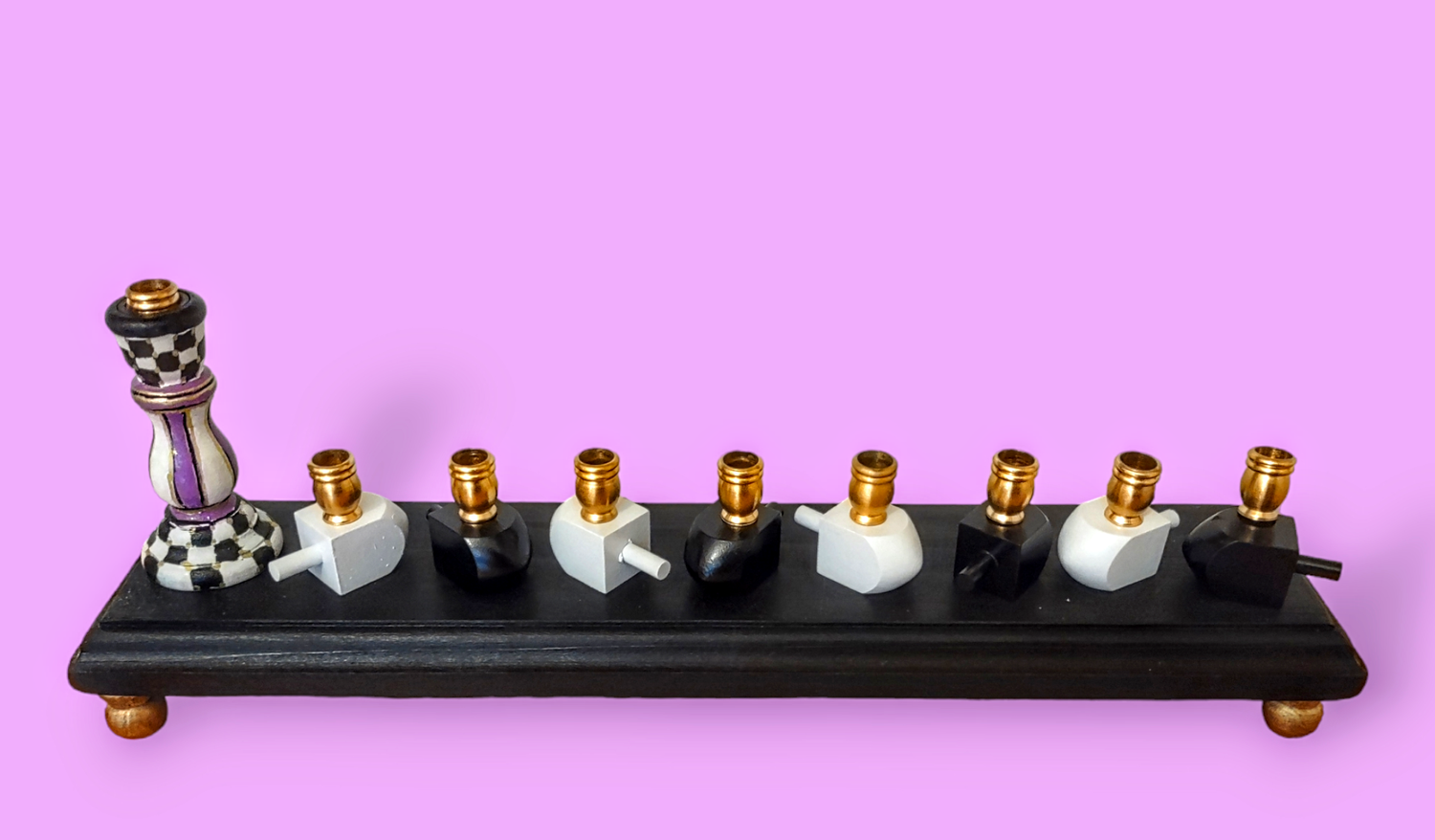 Checkerboard candlestick menorah — painted tapered holders, mini dreidels and gold feet | Judaica Square Lakewood (view 3)