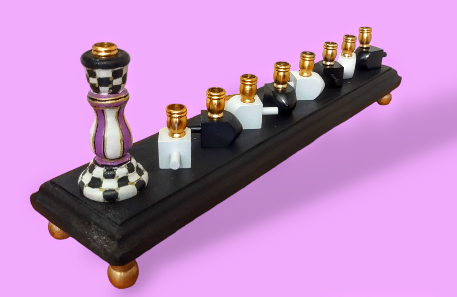Checkerboard candlestick menorah — painted tapered holders, mini dreidels and gold feet | Judaica Square Lakewood (view 4)