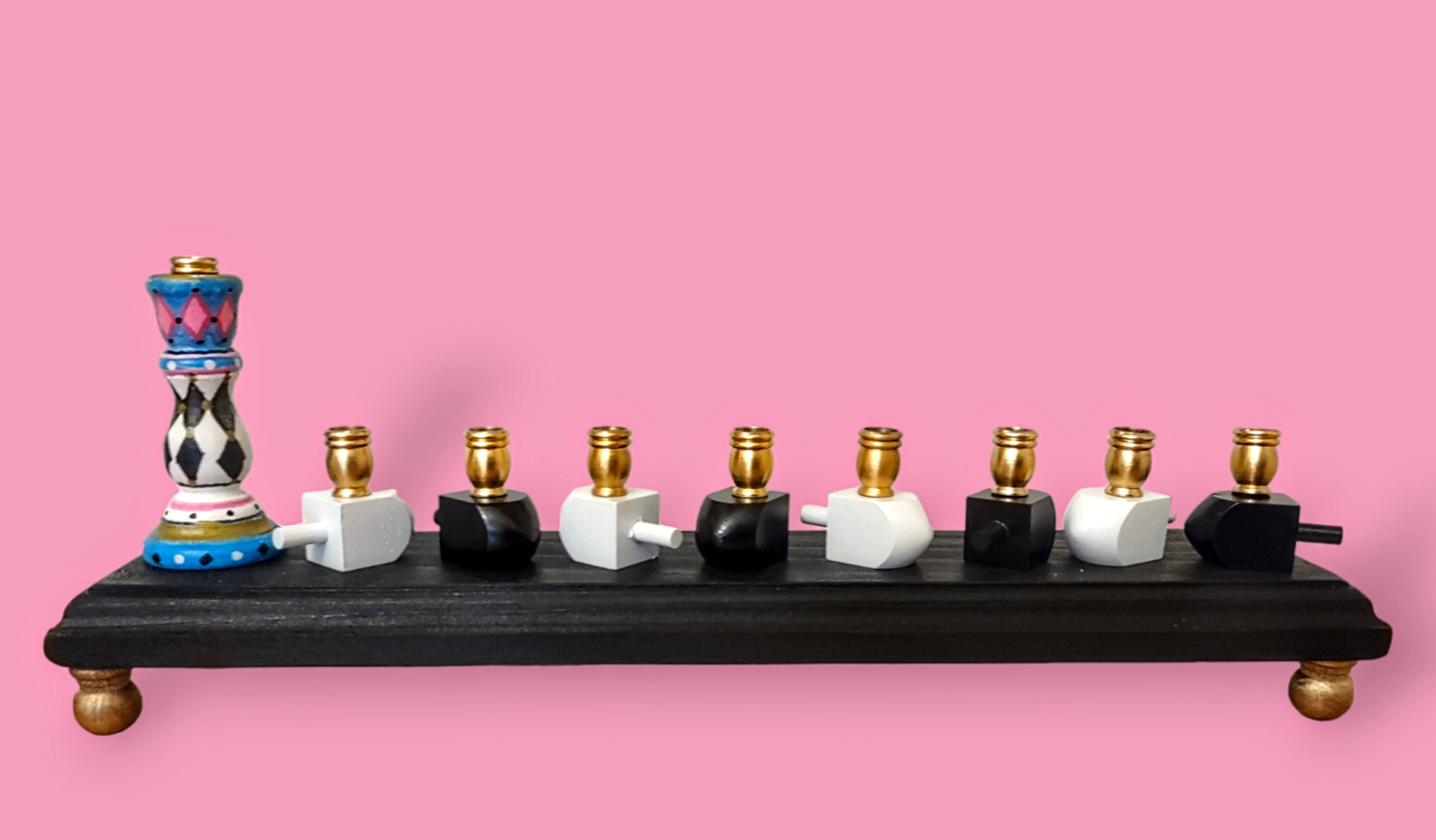 Checkerboard candlestick menorah — painted tapered holders, mini dreidels and gold feet | Judaica Square Lakewood (view 6)