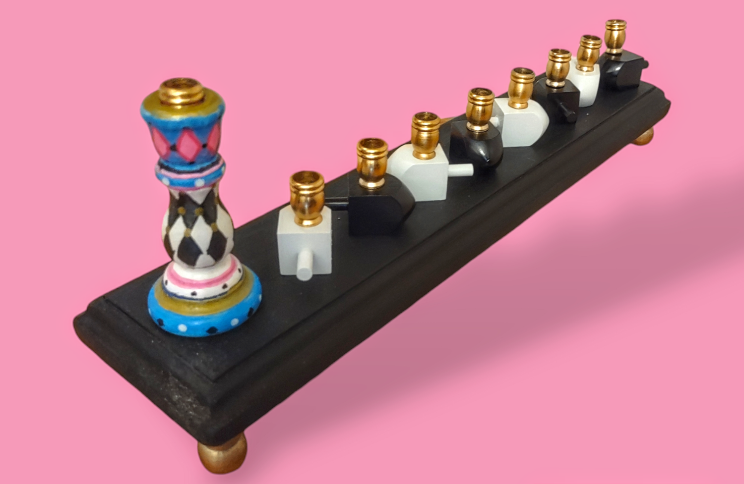 Checkerboard candlestick menorah — painted tapered holders, mini dreidels and gold feet | Judaica Square Lakewood (view 5)