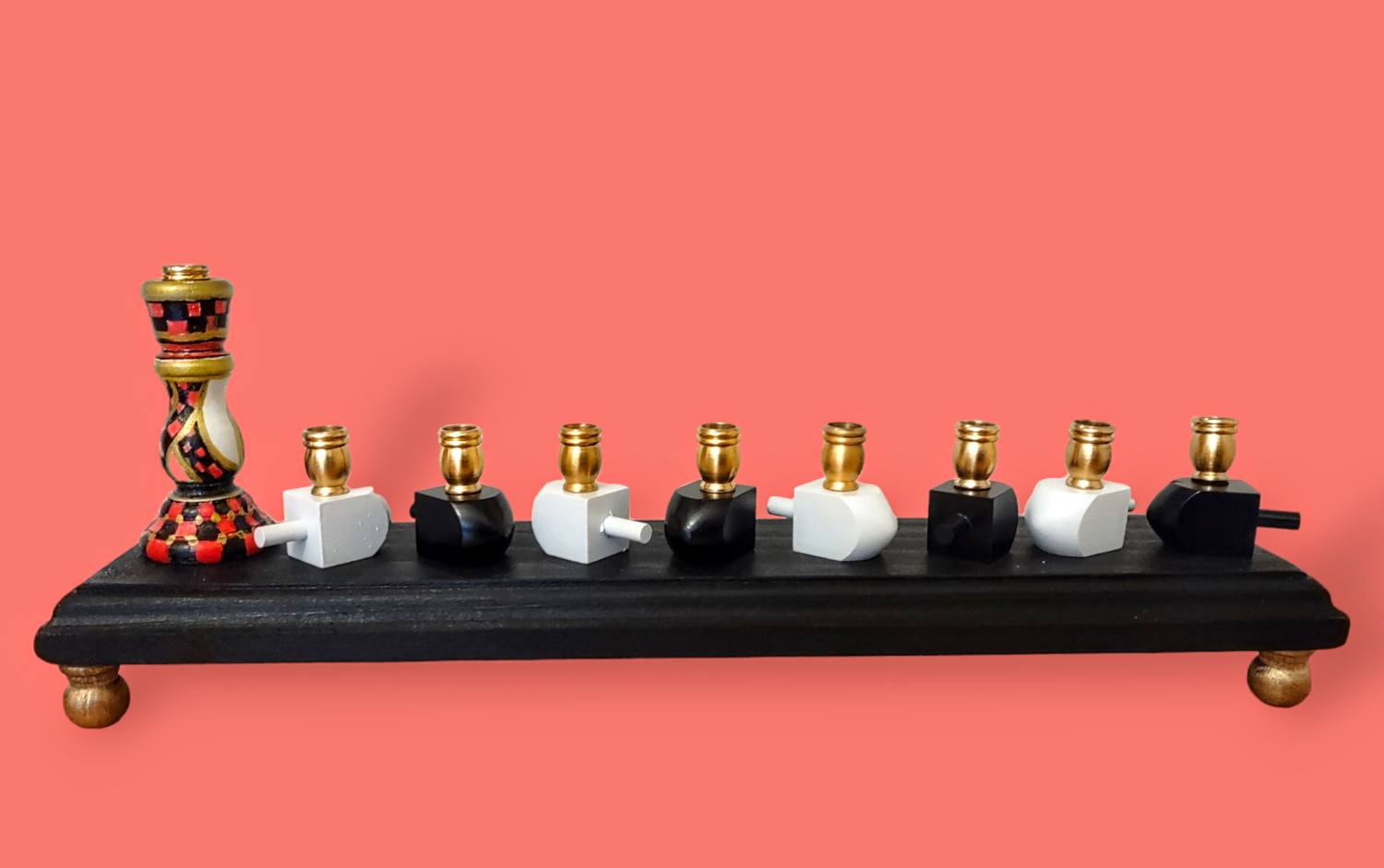 Checkerboard candlestick menorah — painted tapered holders, mini dreidels and gold feet | Judaica Square Lakewood (view 2)