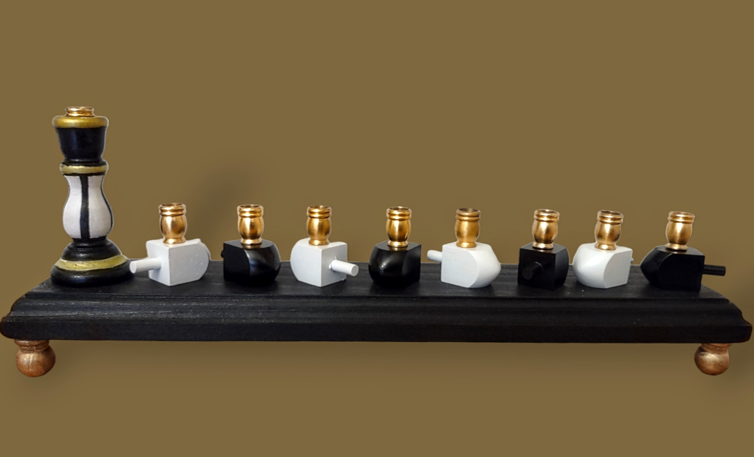 Checkerboard candlestick menorah — painted tapered holders, mini dreidels and gold feet | Judaica Square Lakewood (view 7)