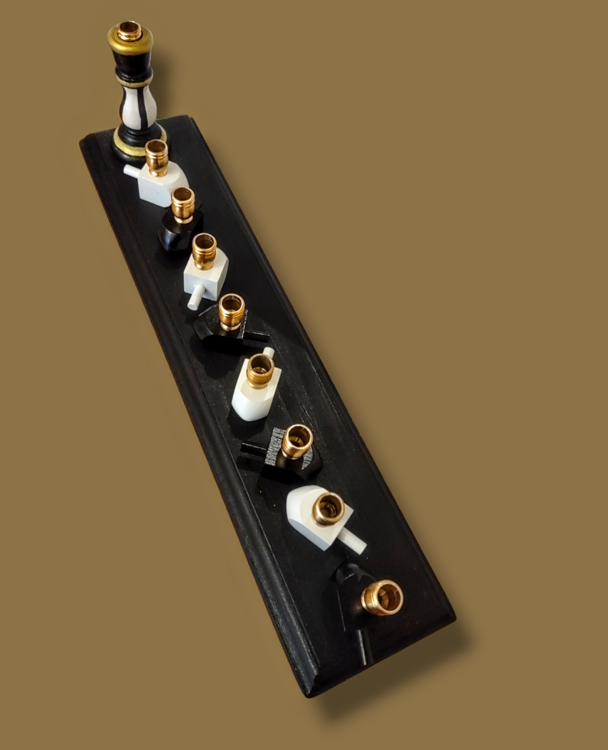 Checkerboard candlestick menorah — painted tapered holders, mini dreidels and gold feet | Judaica Square Lakewood (view 8)