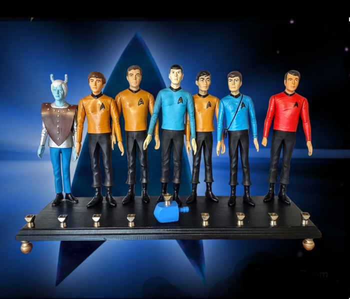 Star Trek menorah — vintage Hamilton crew figures lined up on a 20-inch plaque with brass cups | Judaica Square Lakewood