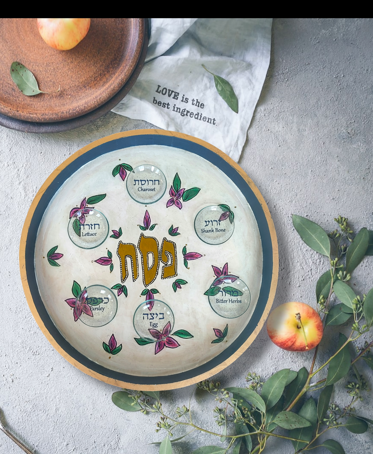 Flower seder plate — colorful hand-painted 12-inch hardwood plate on wooden feet | Judaica Square Lakewood (view 2)