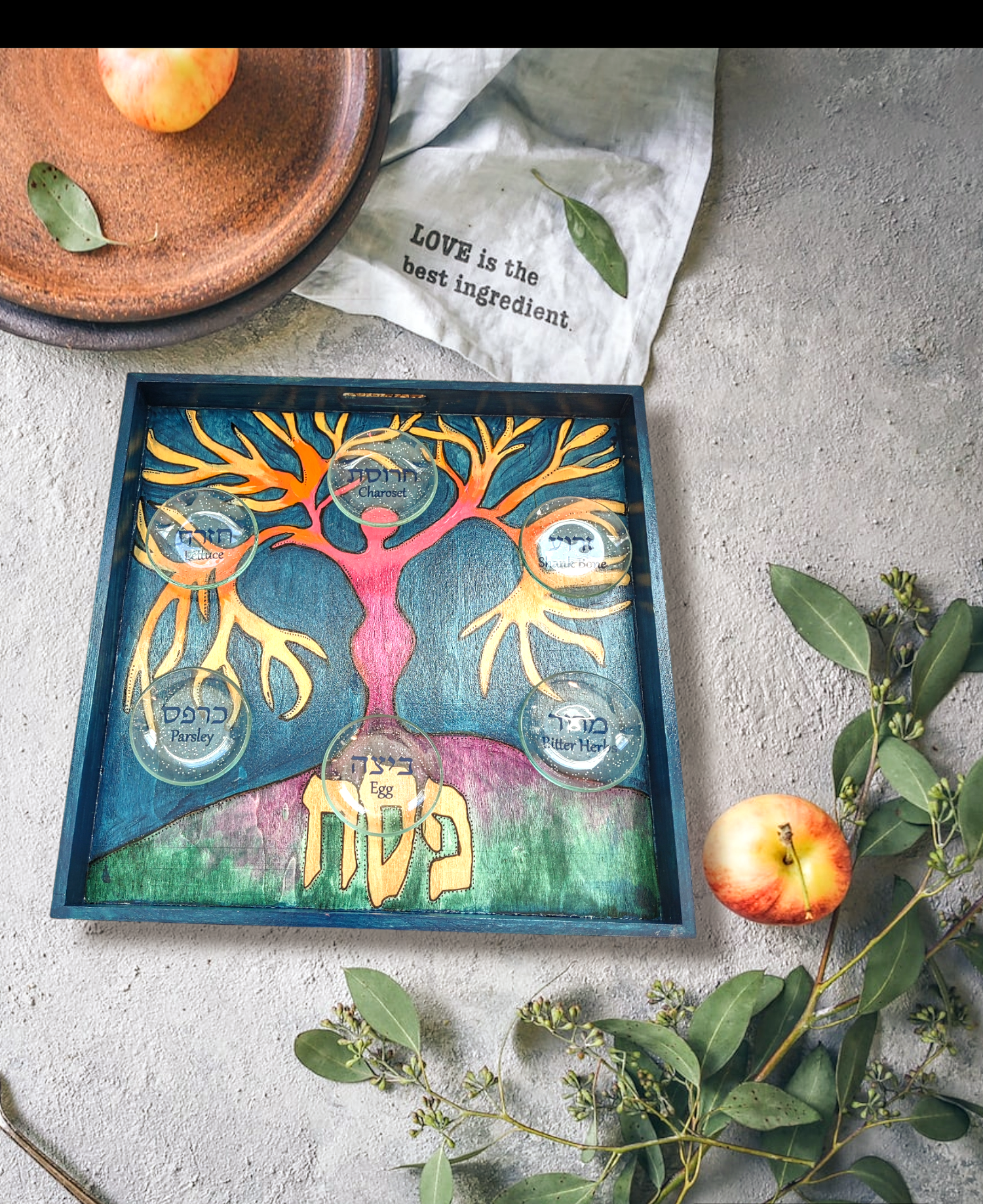 Goddess tree of life seder plate — hand-painted hardwood plate with glass bowls | Judaica Square Lakewood (view 3)
