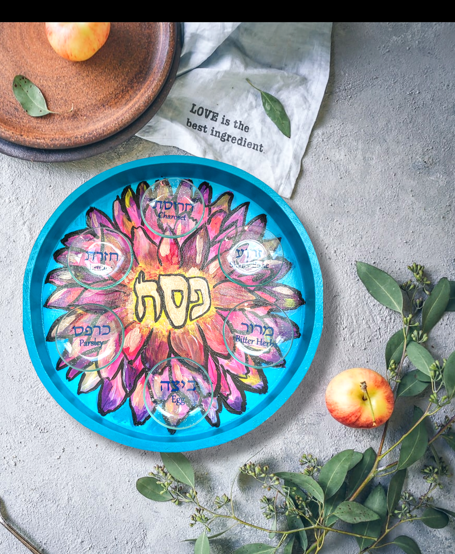 Spring flower seder plate — bright hand-painted hardwood plate with glass bowls | Judaica Square Lakewood (view 2)