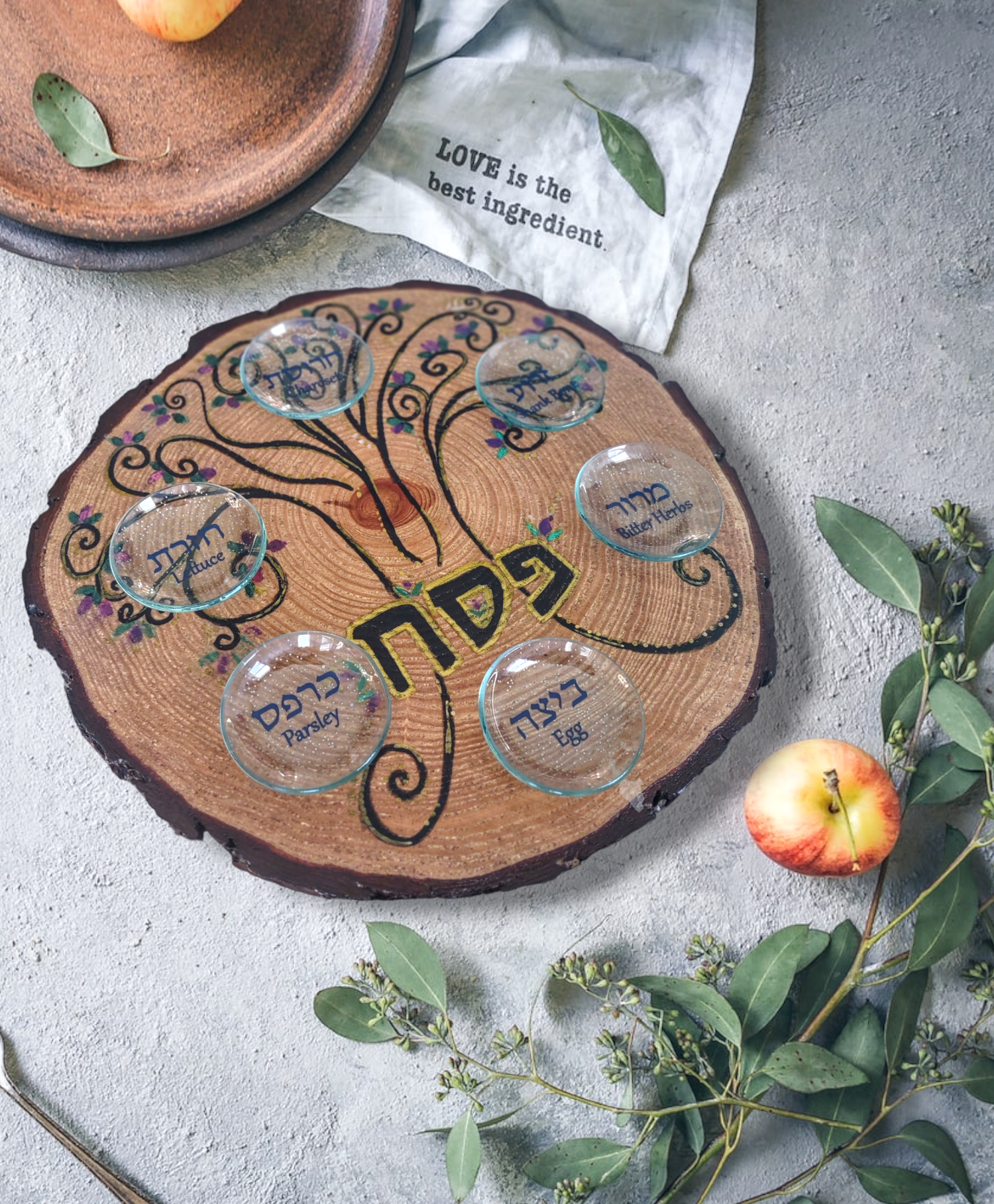 Tree of life seder plate — colorful hand-painted 12-inch hardwood plate | Judaica Square Lakewood (view 2)