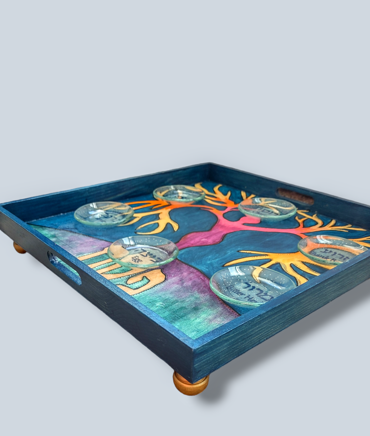 Goddess tree of life seder plate — hand-painted hardwood plate with glass bowls | Judaica Square Lakewood (view 4)