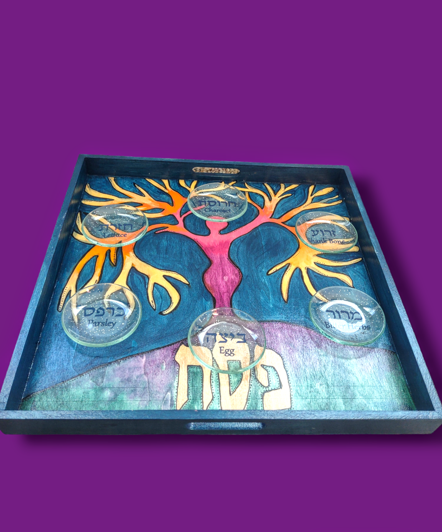 Goddess tree of life seder plate — hand-painted hardwood plate with glass bowls | Judaica Square Lakewood (view 2)