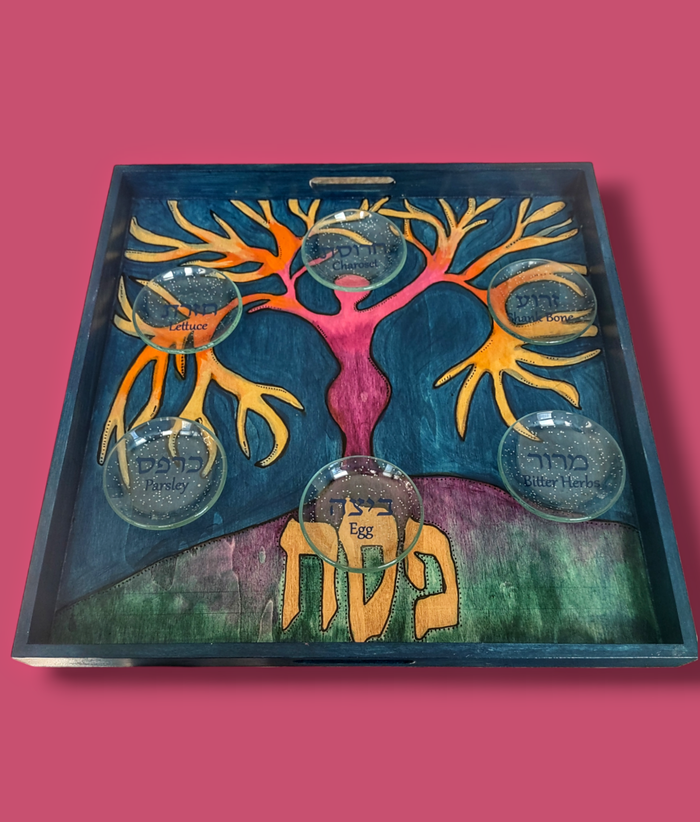 Goddess tree of life seder plate — hand-painted hardwood plate with glass bowls | Judaica Square Lakewood