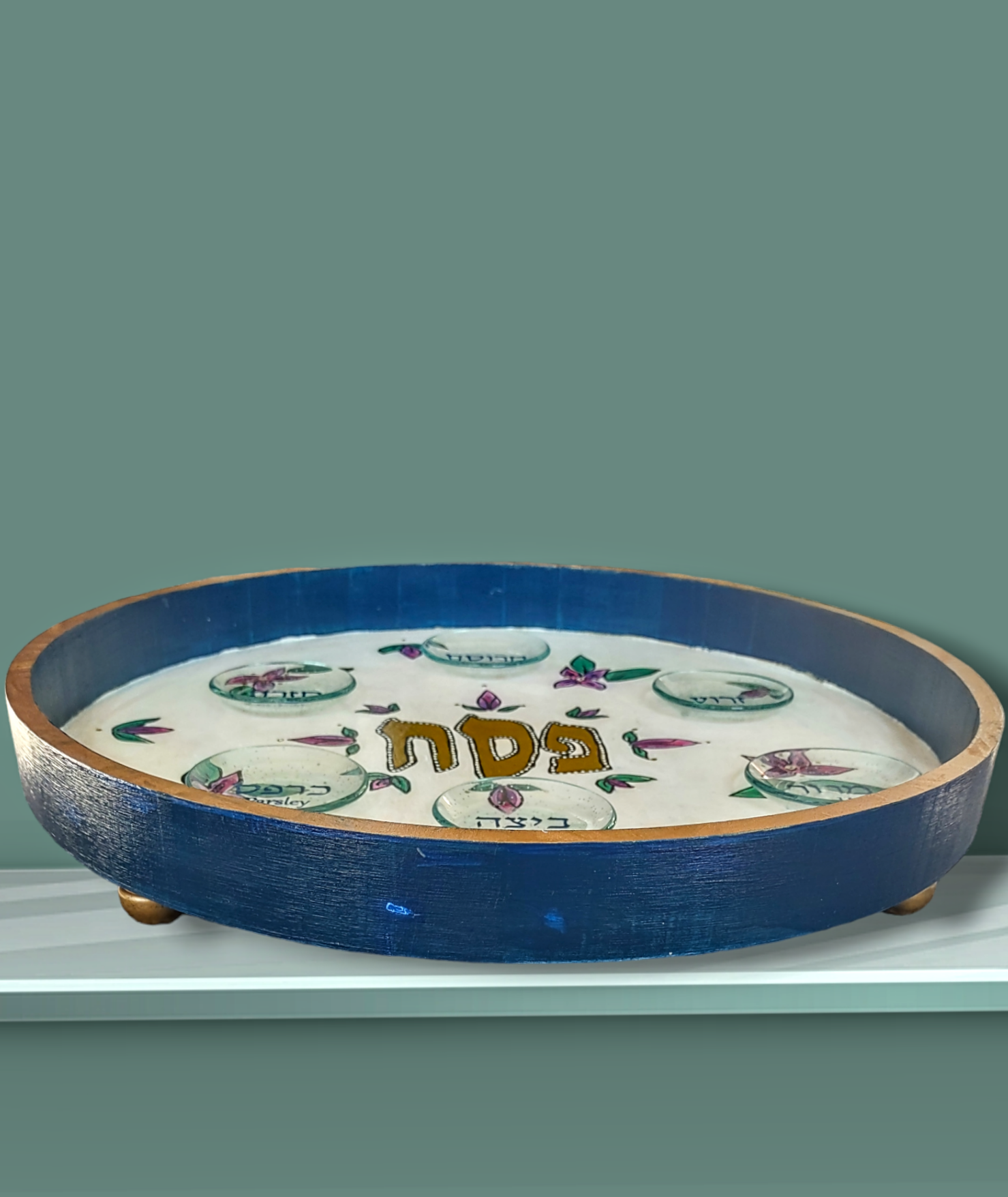 Flower seder plate — colorful hand-painted 12-inch hardwood plate on wooden feet | Judaica Square Lakewood (view 3)
