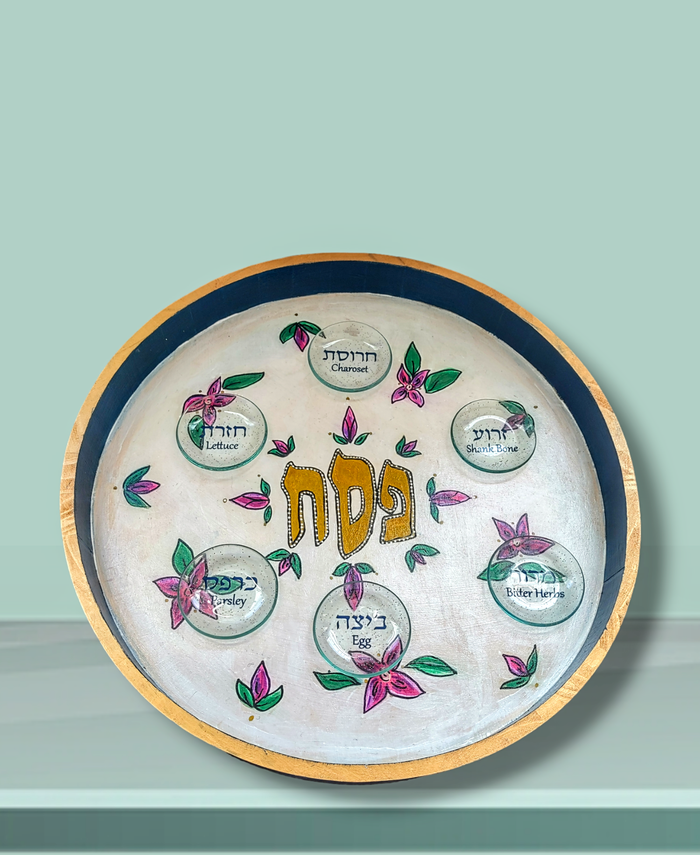 Flower seder plate — colorful hand-painted 12-inch hardwood plate on wooden feet | Judaica Square Lakewood