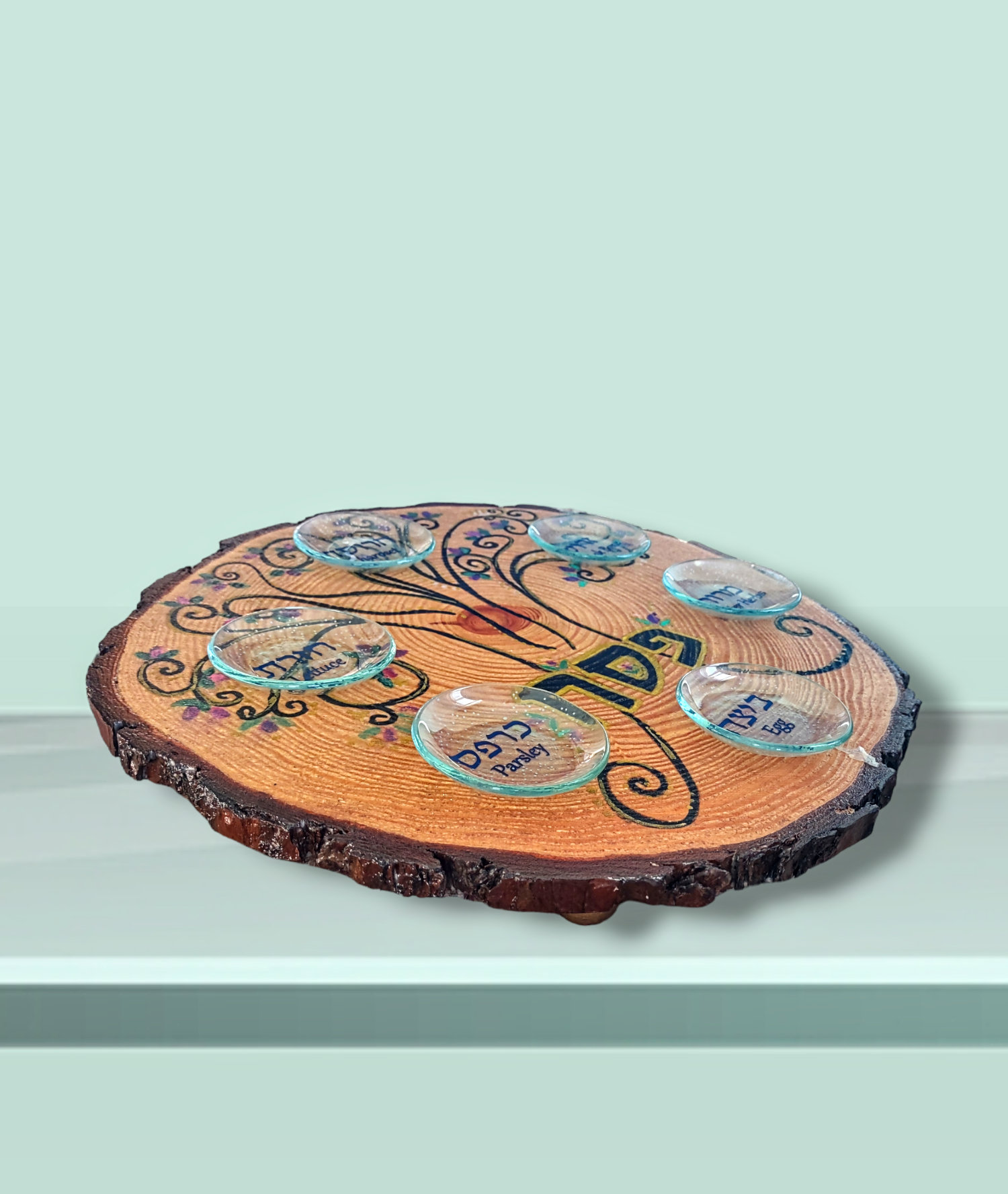 Tree of life seder plate — colorful hand-painted 12-inch hardwood plate | Judaica Square Lakewood (view 3)