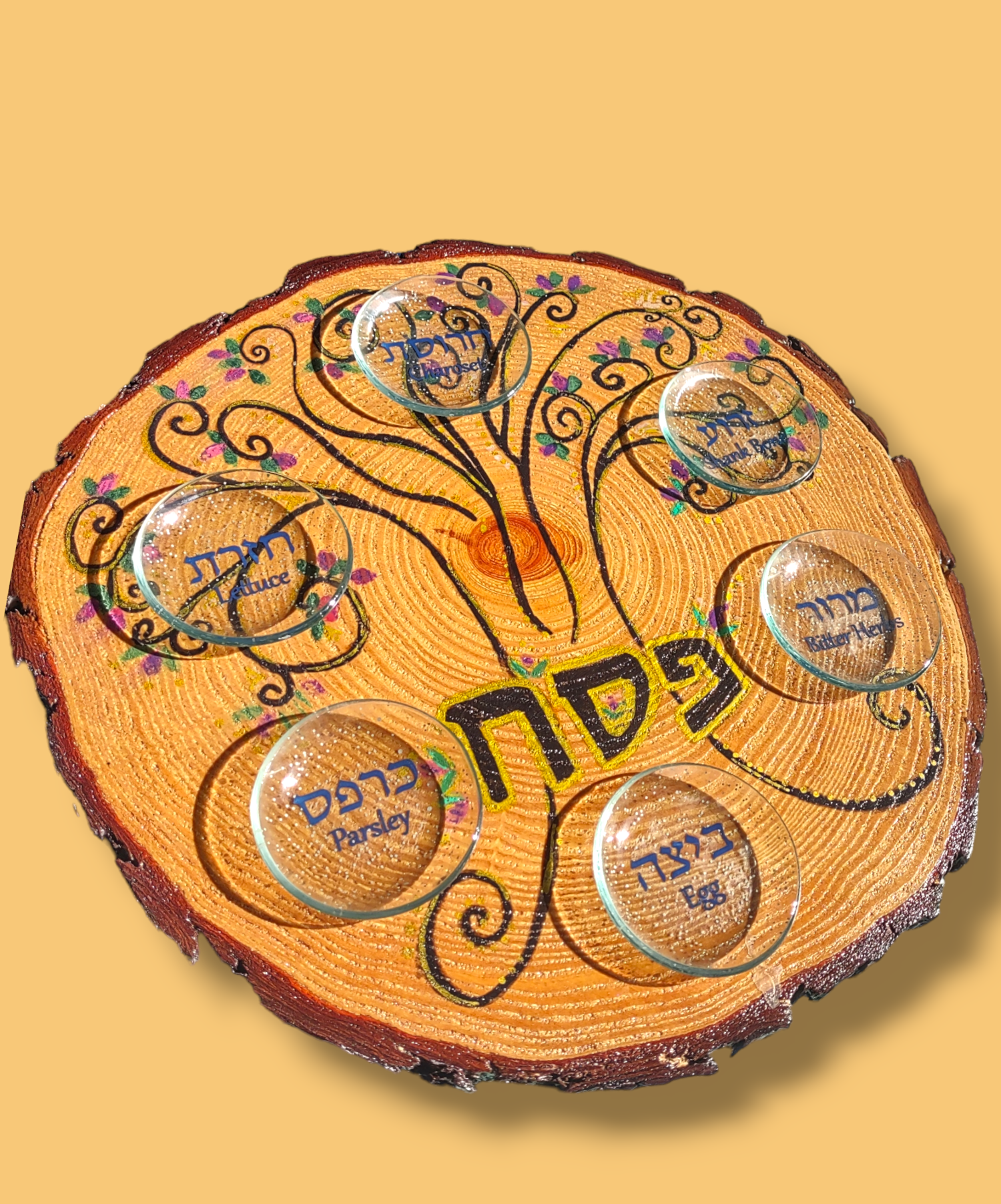 Tree of life seder plate — colorful hand-painted 12-inch hardwood plate | Judaica Square Lakewood (view 5)