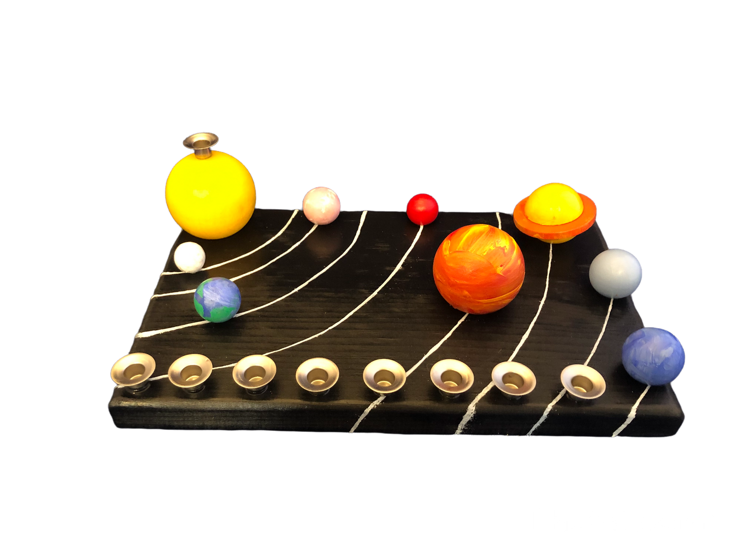 Solar system menorah kit — wooden planet pieces forming an outer space hanukkiah | Judaica Square Lakewood (view 6)