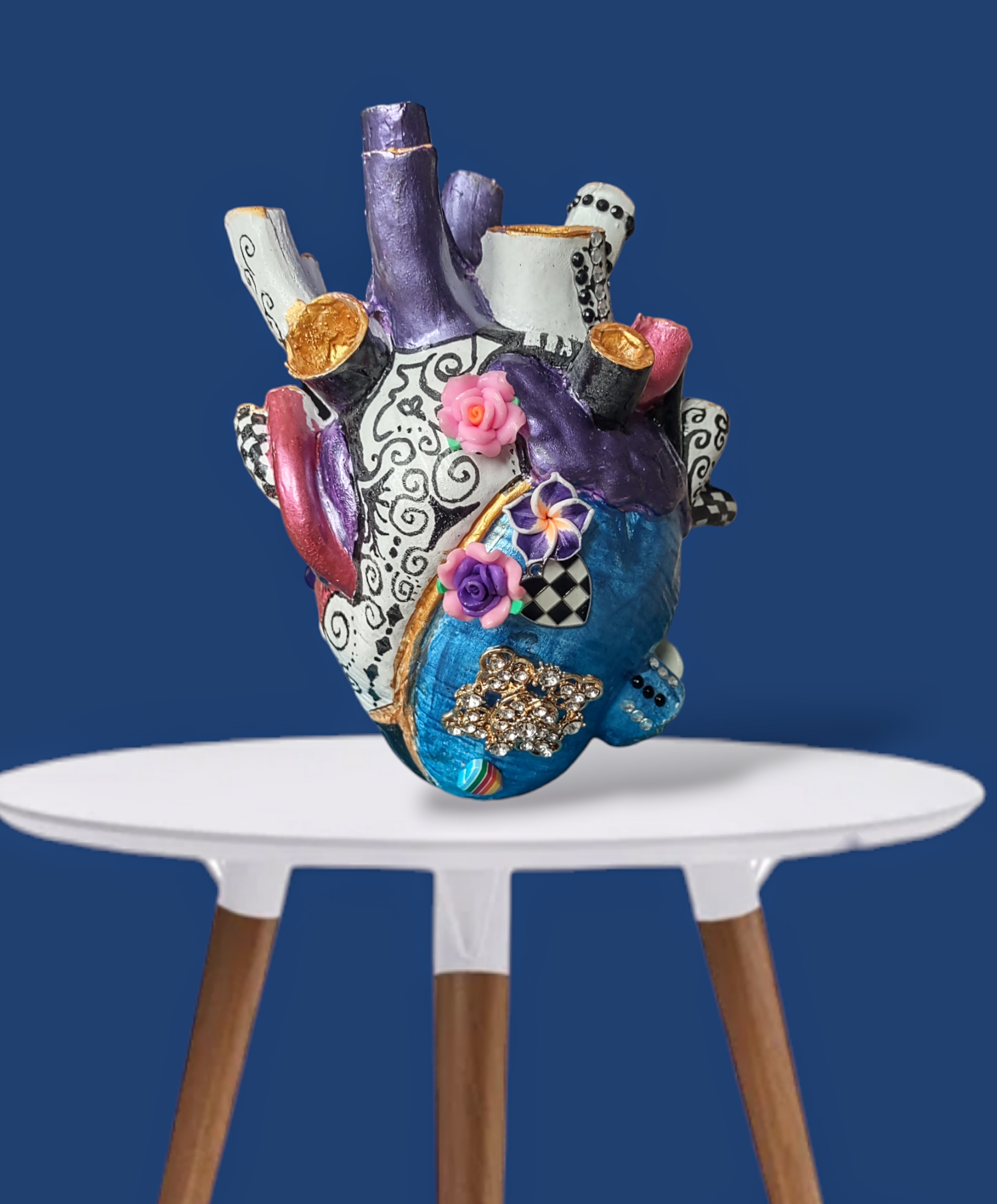 Anatomical heart vase — hand-painted glossy ceramic bud vase with flowers | Judaica Square Lakewood (view 2)