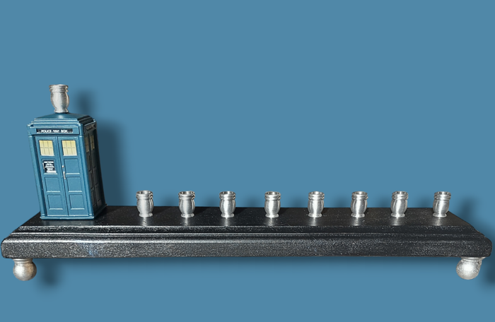 TARDIS menorah — Doctor Who time machine figure with painted wood feet | Judaica Square Lakewood