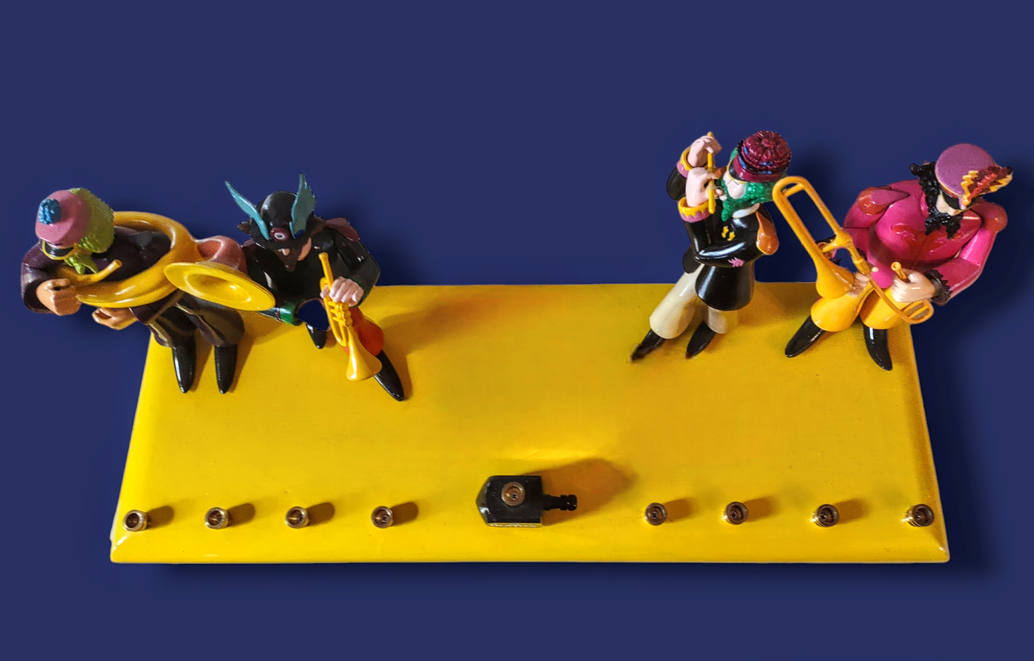 Beatles menorah — vintage Sgt. Pepper band figures on hand-painted wood base | Judaica Square Lakewood (view 5)