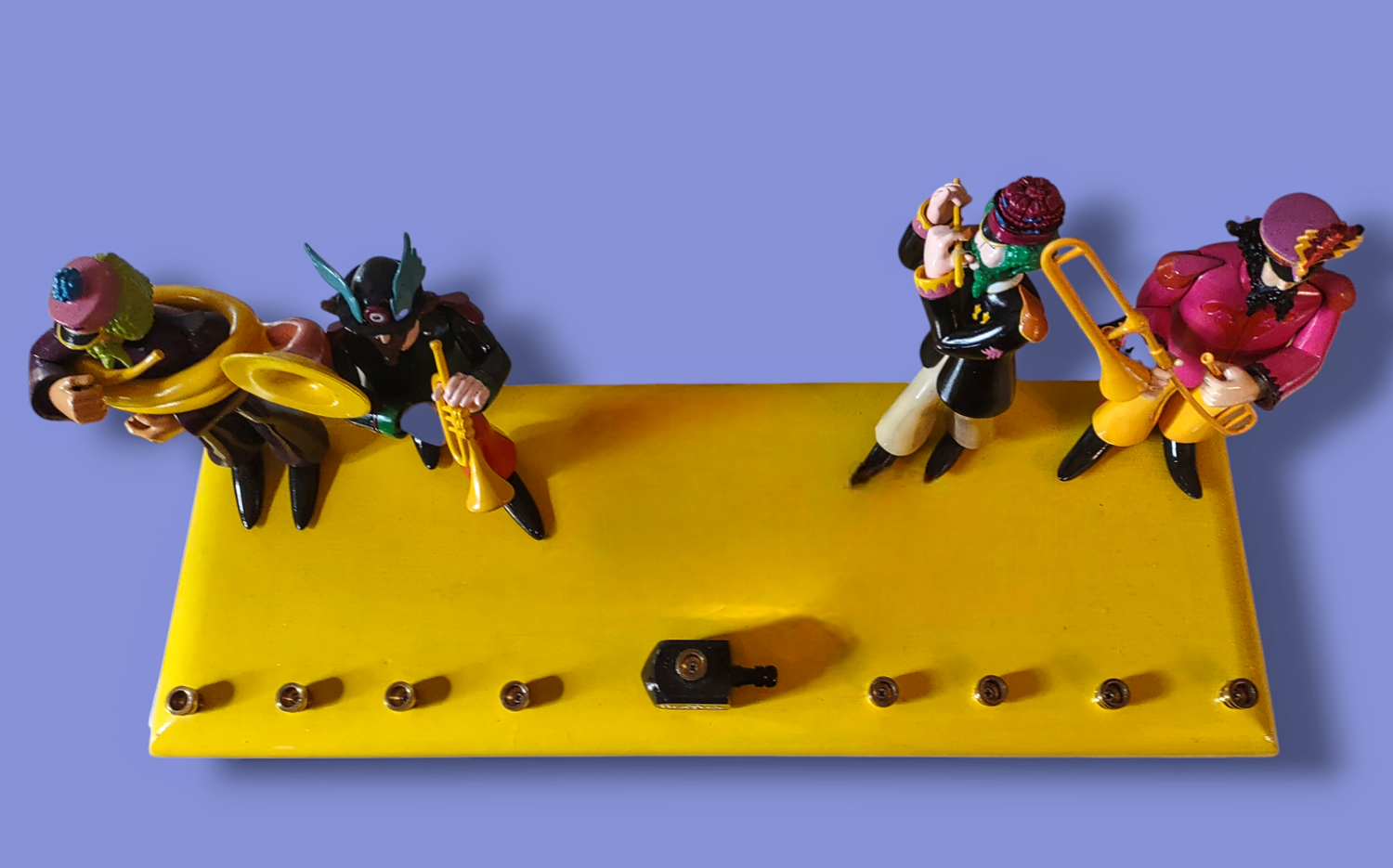 Beatles menorah — vintage Sgt. Pepper band figures on hand-painted wood base | Judaica Square Lakewood (view 2)