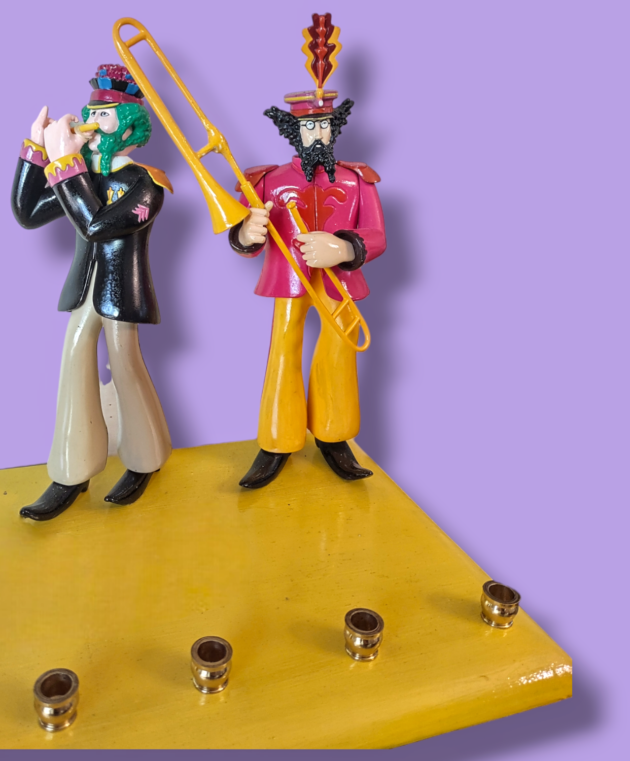 Beatles menorah — vintage Sgt. Pepper band figures on hand-painted wood base | Judaica Square Lakewood (view 4)