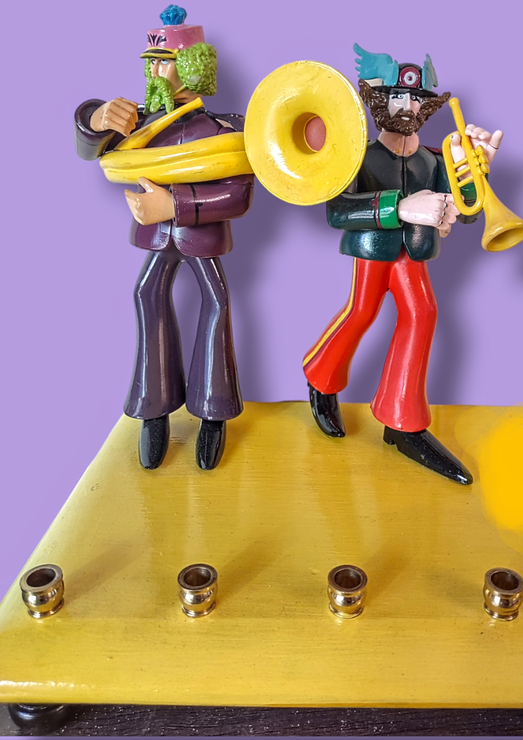 Beatles menorah — vintage Sgt. Pepper band figures on hand-painted wood base | Judaica Square Lakewood (view 3)