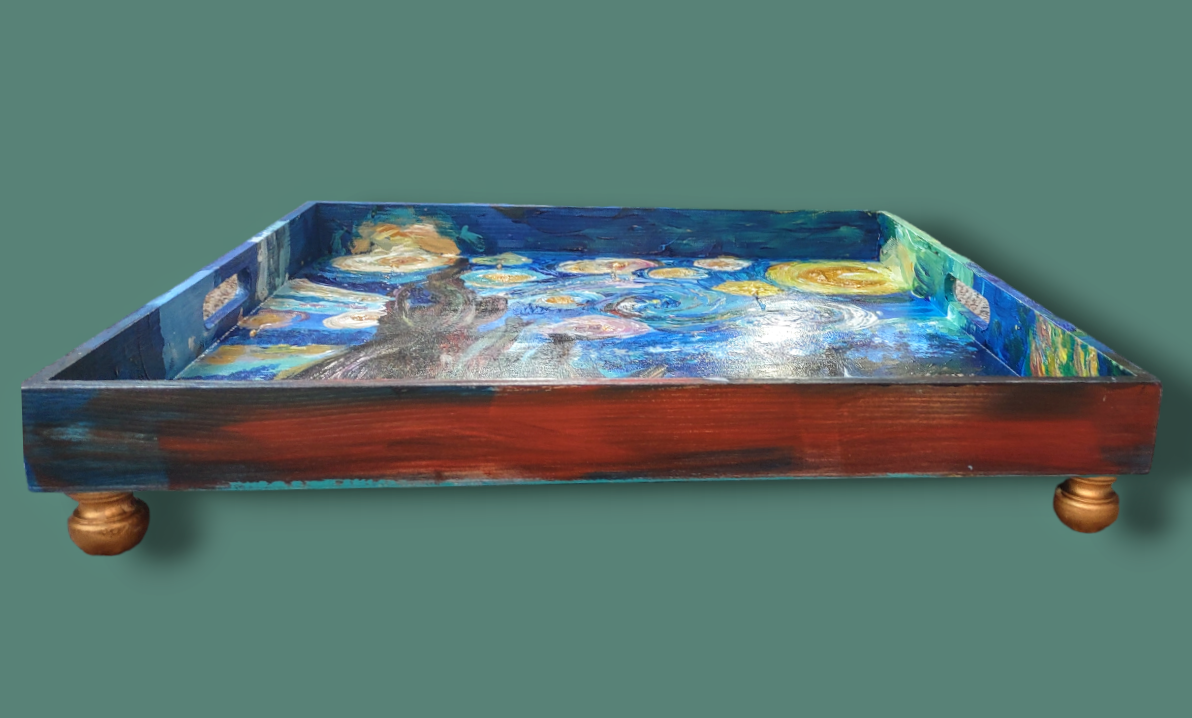 Starry seder plate — colorful hand-painted 12-inch hardwood plate with glass bowls | Judaica Square Lakewood (view 5)